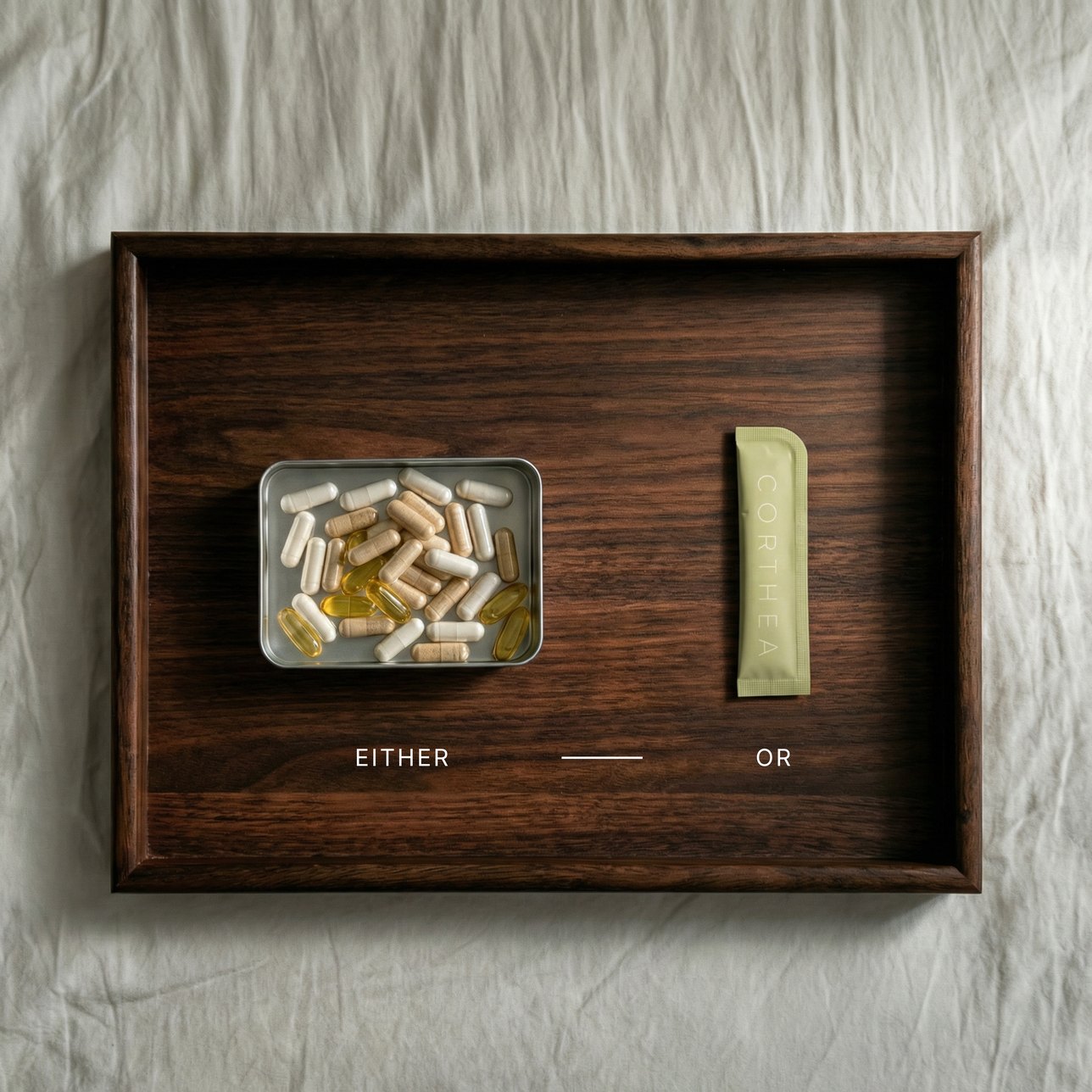 A tin full of capsules, or one CORTHEA DAILY sachet